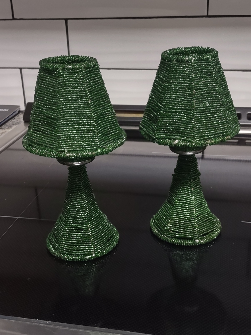 Beaded Mini Table Lamps - Emerald Green Pair Votive Tea Light Candle 8" Tall